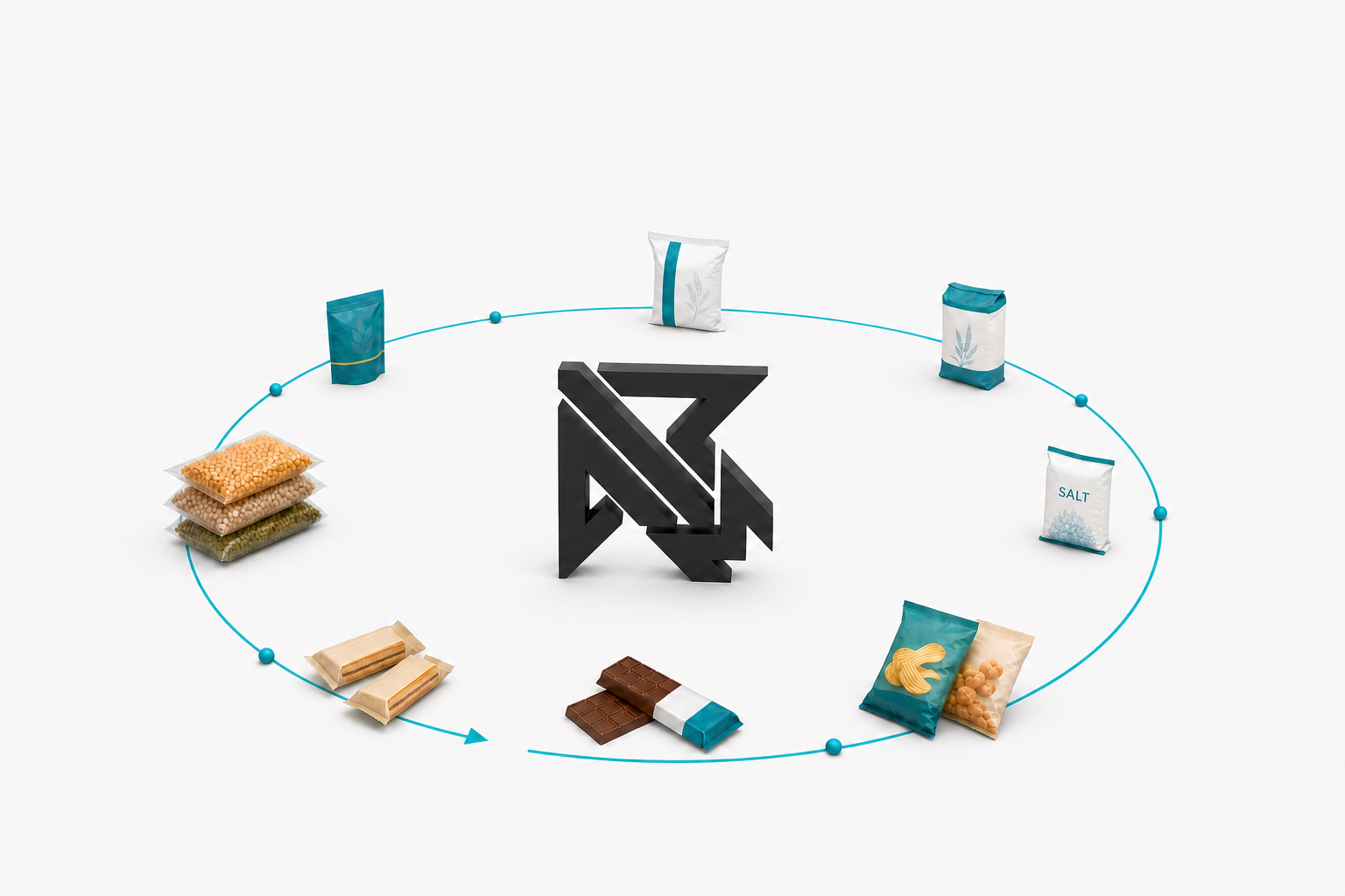 A centered upright three-dimensional ARM mark with smaller, widely spaced pulses, packaged foods, salt, chocolates, bar cakes, flour, tea and snacks