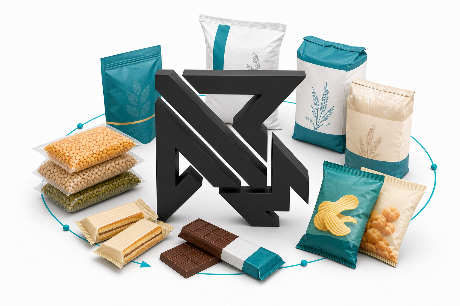 A centered upright three-dimensional ARM mark surrounded by pulses, packaged foods, salt, chocolates, bar cakes, flour, tea and snacks
